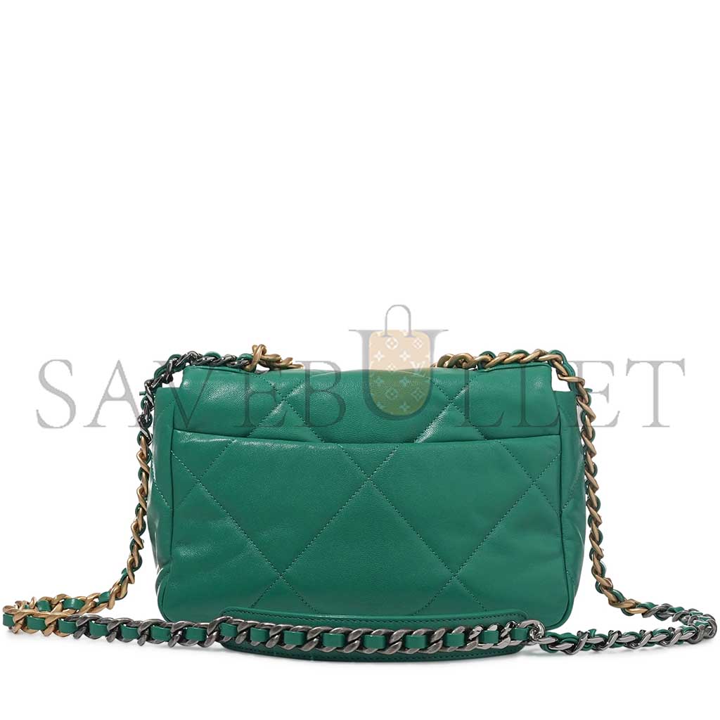 CHANEL GREEN QUILTED LAMBSKIN CHANEL 19 FLAP GOLD AND RUTHENIUM HARDWARE AS1160 (26*16*9cm)